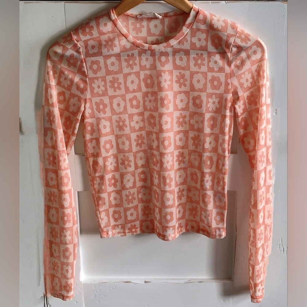 Altar'd state Women's Floral Peach Long Sleeve Stretchy Sheer Top | Small